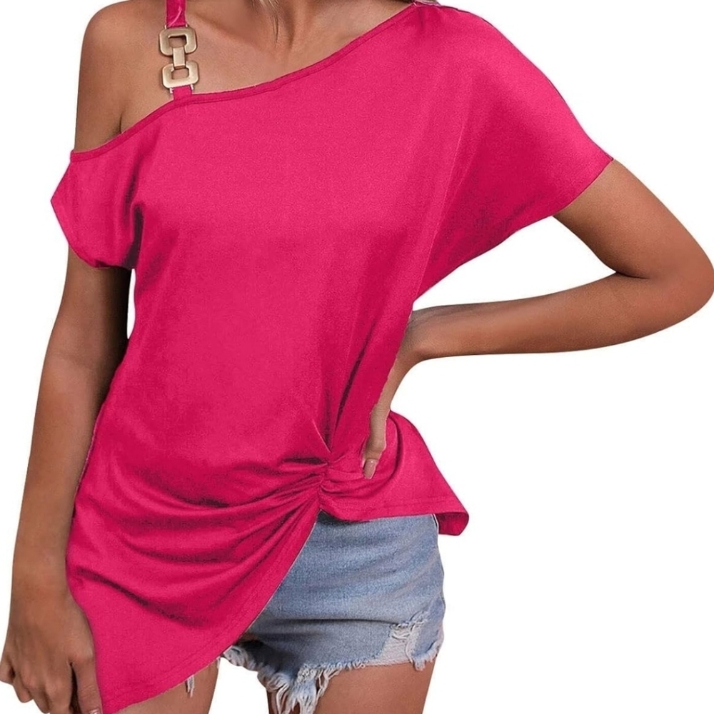 Off The Shoulder Tops for Women Summer Sexy Chain Strap Batwing Sleeve Tee - Picture 2 of 14